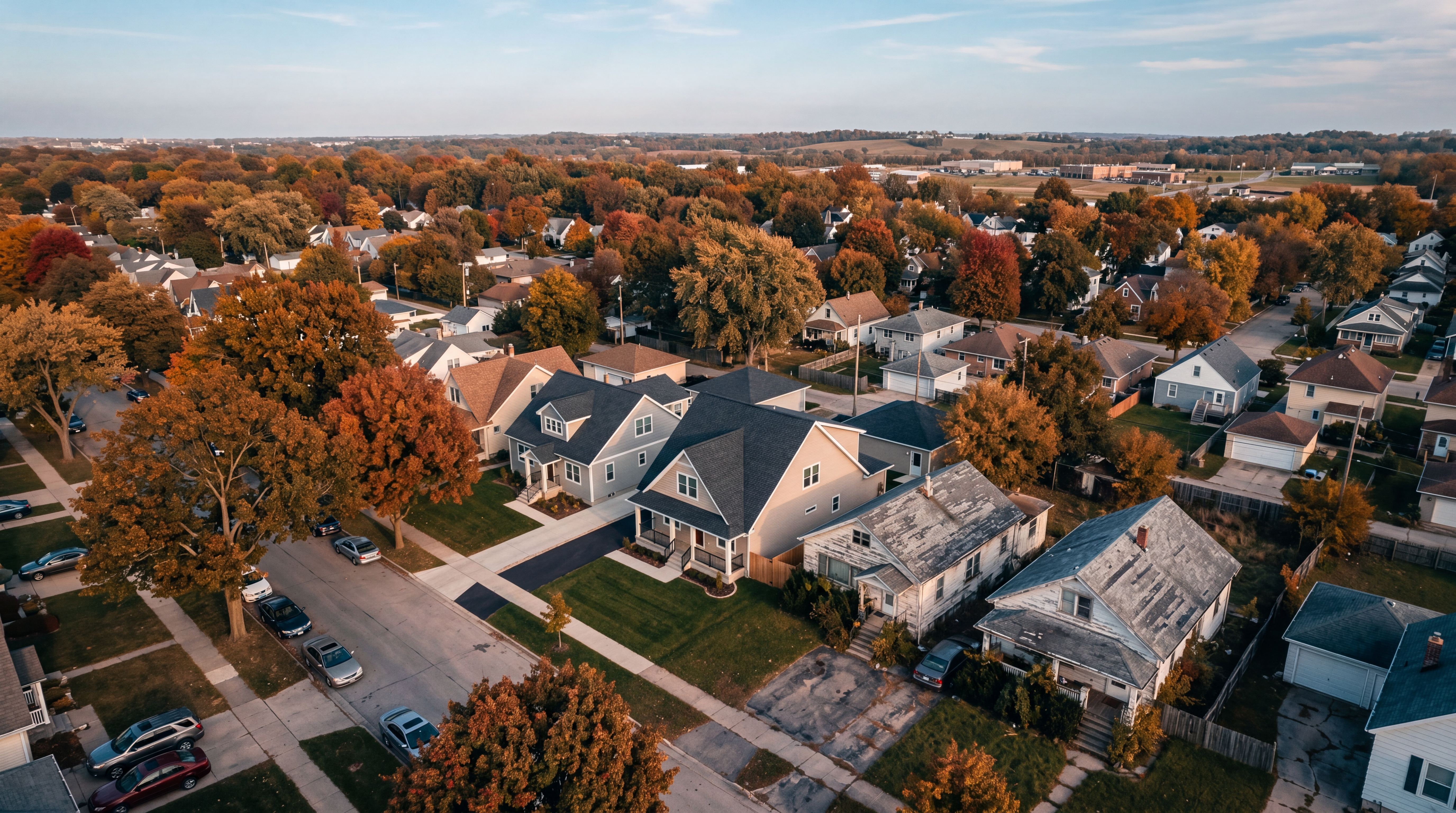 Aerial view of a residential neighborhood